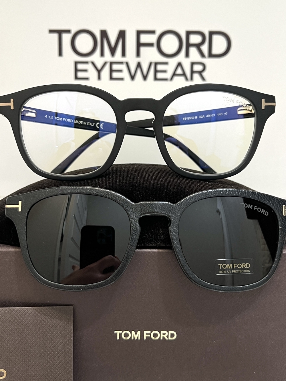 Tom Ford TF5532-B Eyeglasses Matte Black Gold + Magnetic Clip-On Sunglasses 02A